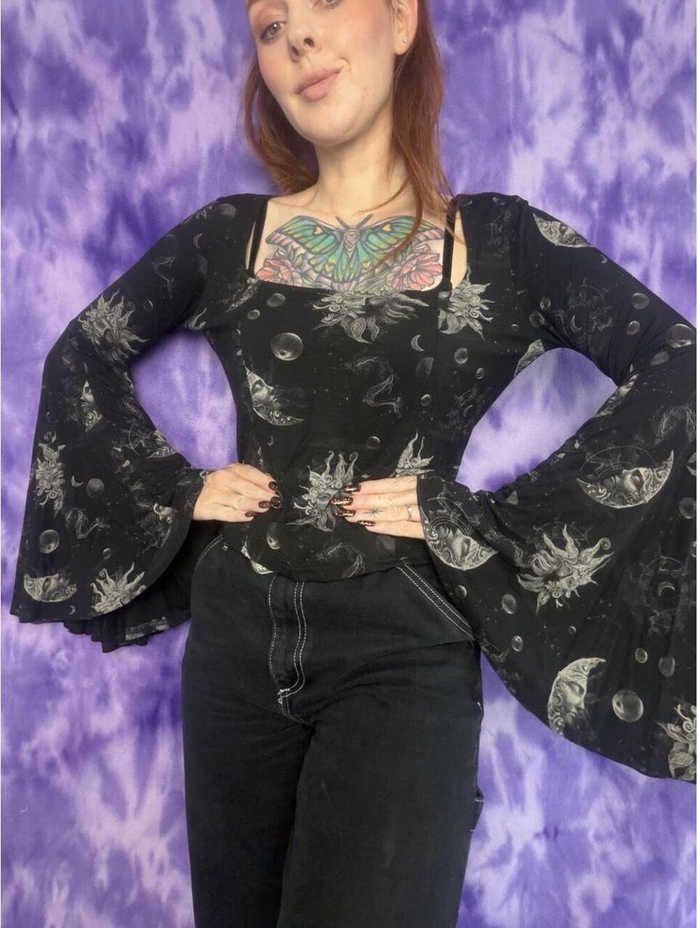 Killstar sun and moon printed bell sleeve top witchy vibes